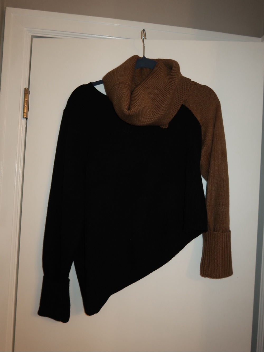 Peach Love California Black and Brown Asymmetric Cowl Neck Sweater